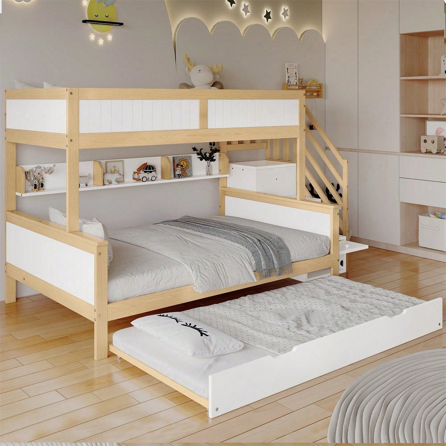 Etagenbett, Kinderbett, mit Fallschutz und Gitter, Entworfen mit drei Bettpositionen, mit Rollbett, mit Kleiderschrank, Ecktreppe, Kiefer+MDF, Weiß+Natur, 90x200&90x190&120*200cm