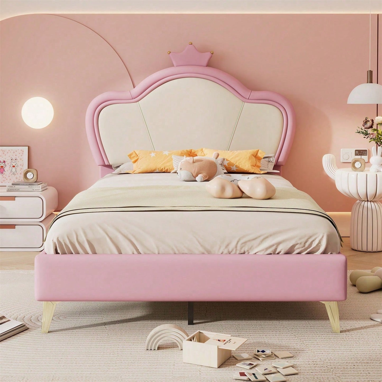 Polsterbett, Kinderbett, mit weichen Schutzkanten, Kopfteil mit Krone, Bettfüße aus Metall, Elegantes gepolstertes Kopfteilprofil, Einzelbett, PU, Rosa+Weiß, 90x200cm