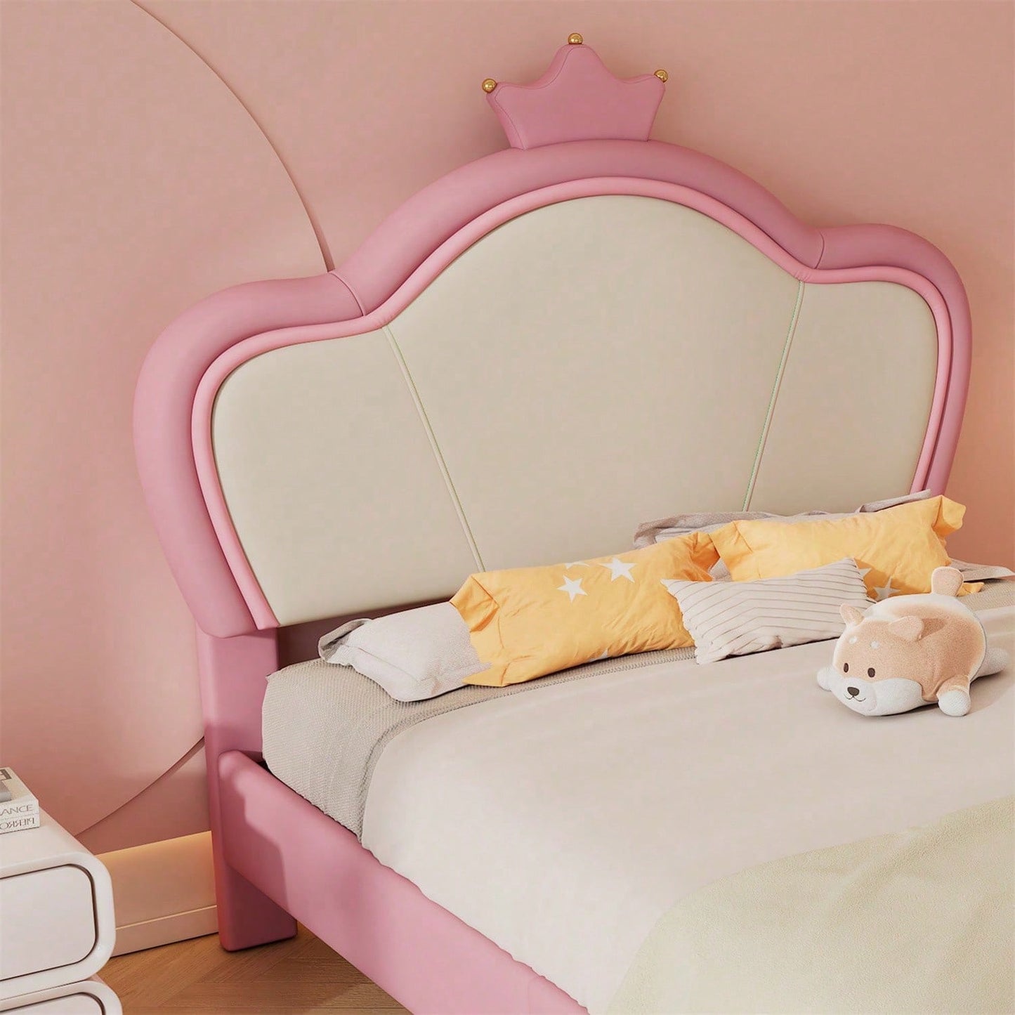 Polsterbett, Kinderbett, mit weichen Schutzkanten, Kopfteil mit Krone, Bettfüße aus Metall, Elegantes gepolstertes Kopfteilprofil, Einzelbett, PU, Rosa+Weiß, 90x200cm