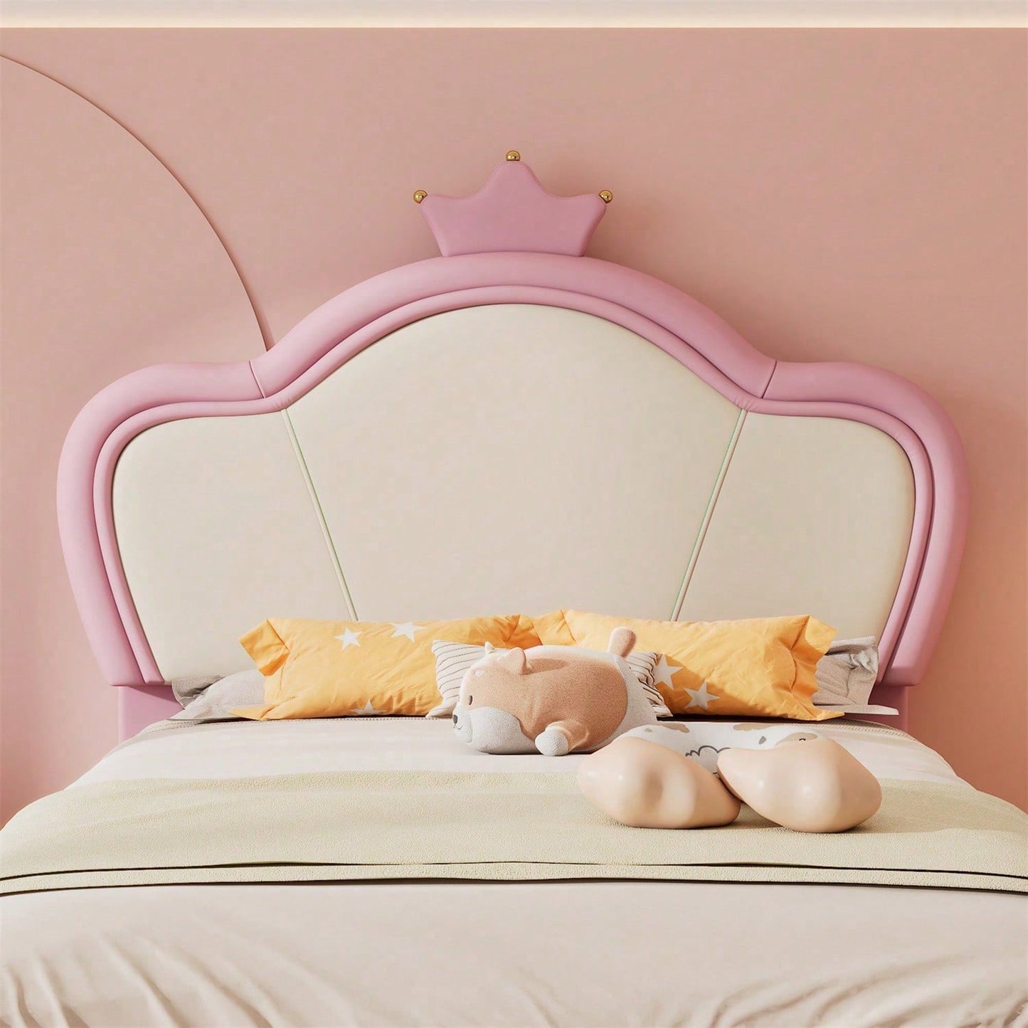 Polsterbett, Kinderbett, mit weichen Schutzkanten, Kopfteil mit Krone, Bettfüße aus Metall, Elegantes gepolstertes Kopfteilprofil, Einzelbett, PU, Rosa+Weiß, 90x200cm