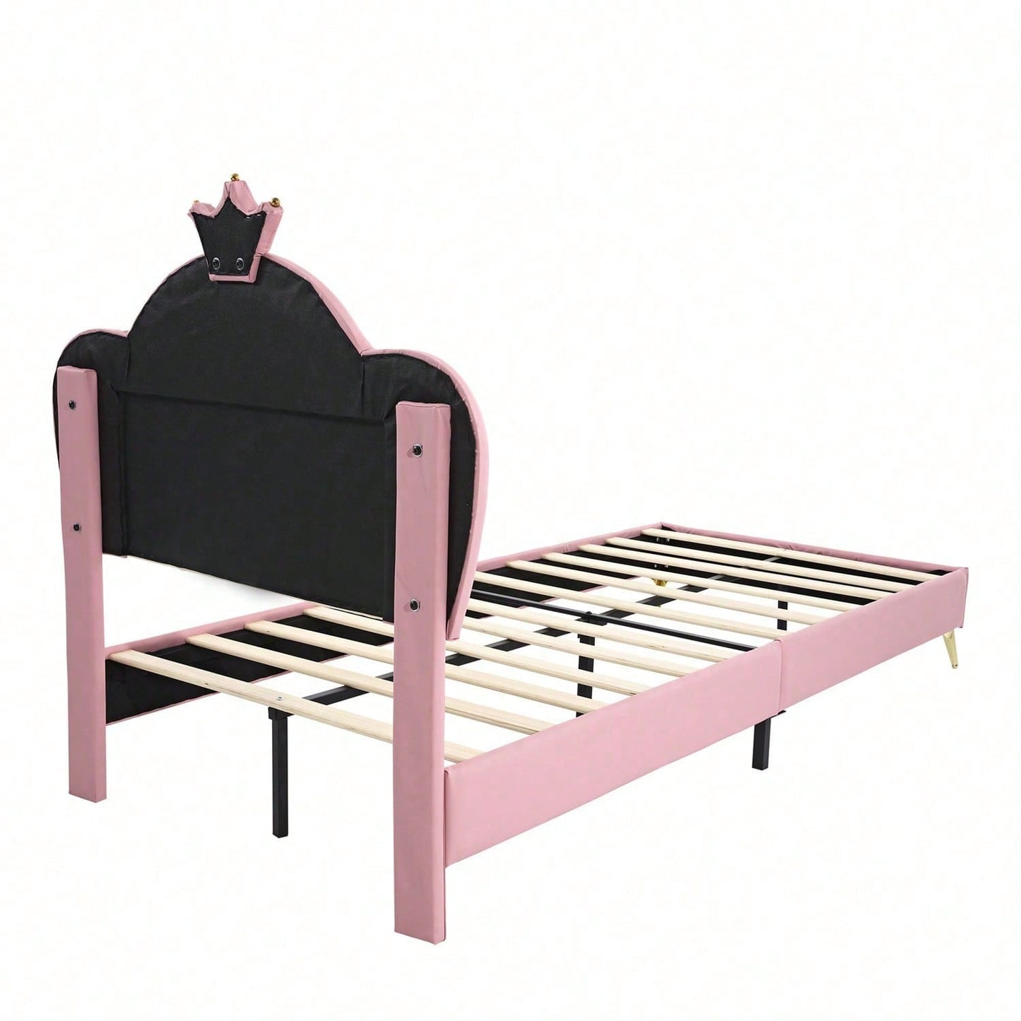 Polsterbett, Kinderbett, mit weichen Schutzkanten, Kopfteil mit Krone, Bettfüße aus Metall, Elegantes gepolstertes Kopfteilprofil, Einzelbett, PU, Rosa+Weiß, 90x200cm