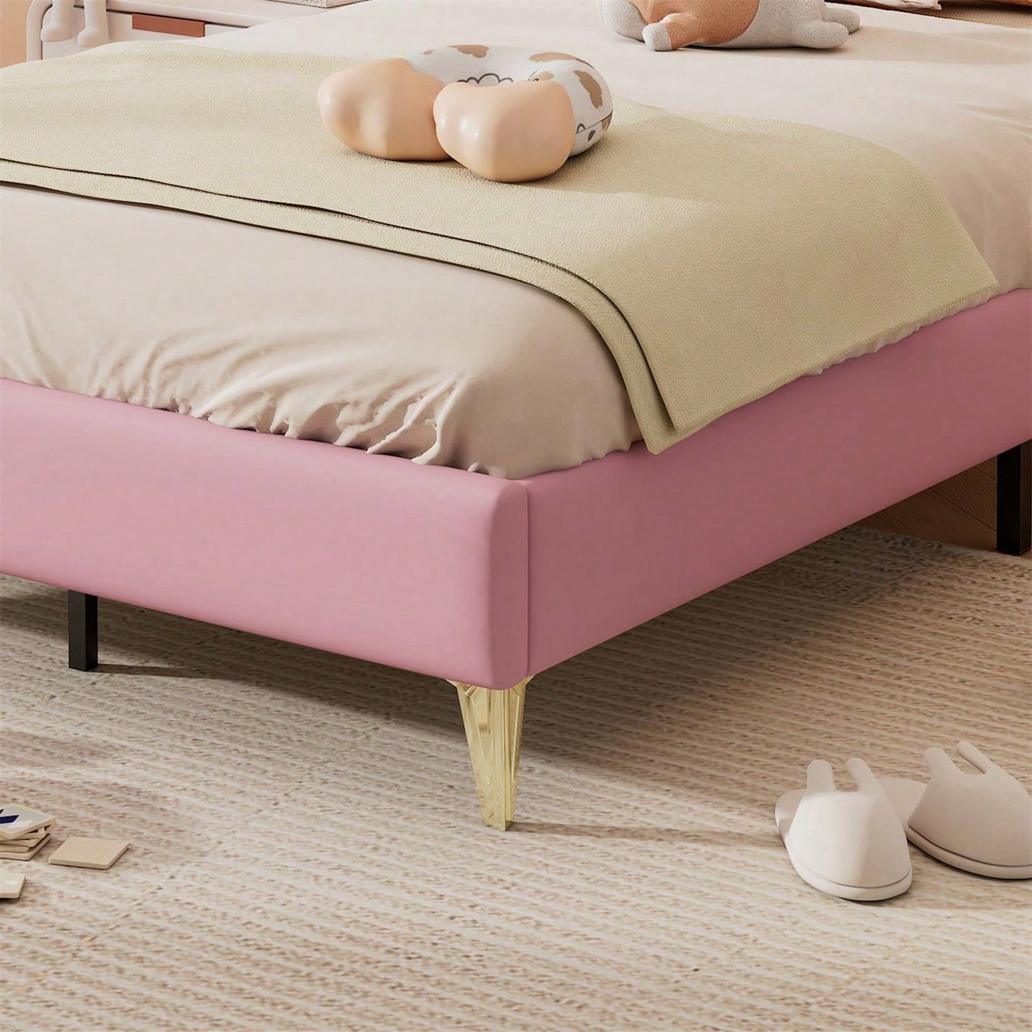 Polsterbett, Kinderbett, mit weichen Schutzkanten, Kopfteil mit Krone, Bettfüße aus Metall, Elegantes gepolstertes Kopfteilprofil, Einzelbett, PU, Rosa+Weiß, 90x200cm