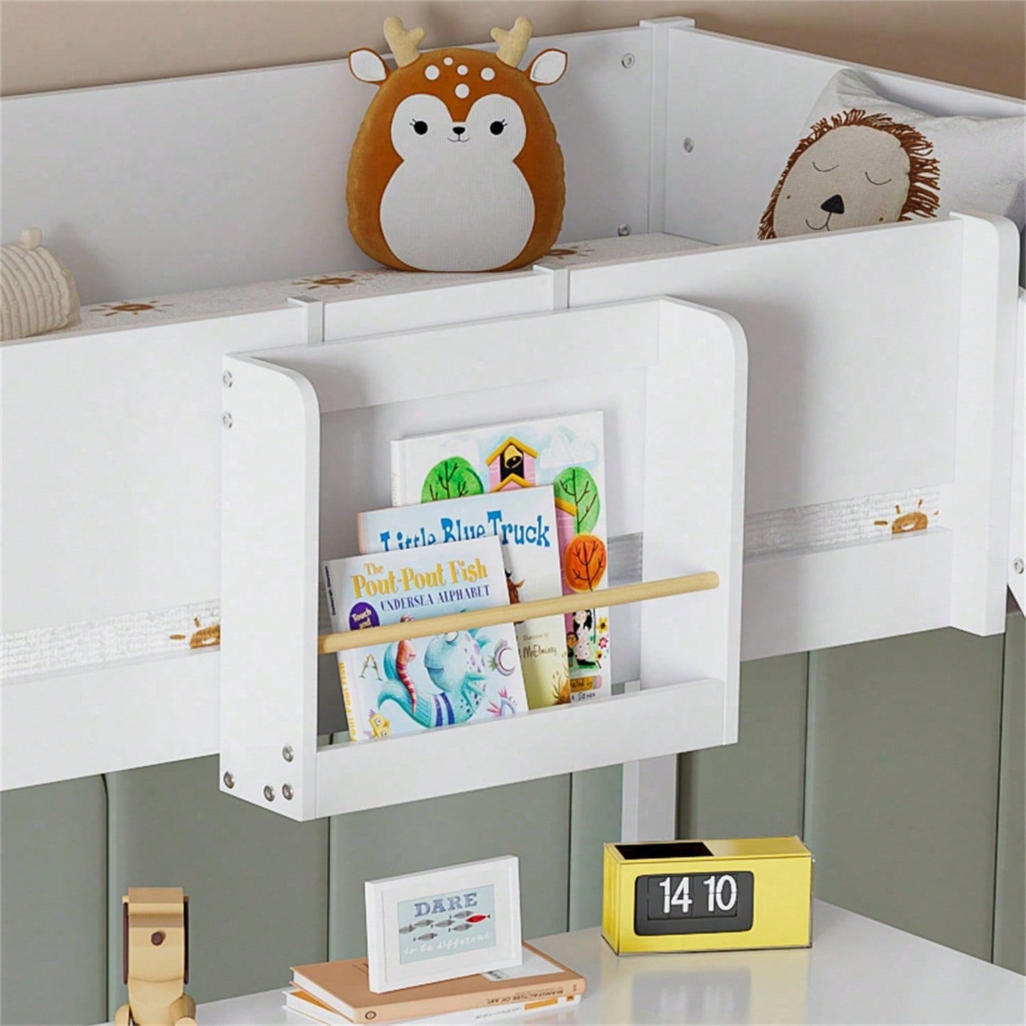 Hochbett, Etagenbett mit dreistufiger gerader Leiter, Kinderbett, Jugendbett mit Rutsche, mit abnehmbarem Regal, Kiefer+MDF, Weiß+Natur, 90x200cm