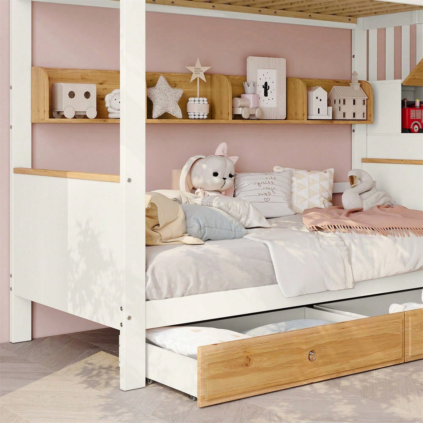 Etagenbett, Reichlich Stauraum, Rahmen aus Kiefernholz und MDF, Kinderbett mit 4 Schließfächer in der Treppe, mit Fallschutzgitter und 2 Schubladen, Offenes Regal, Weiß+Natur, 90x200cm