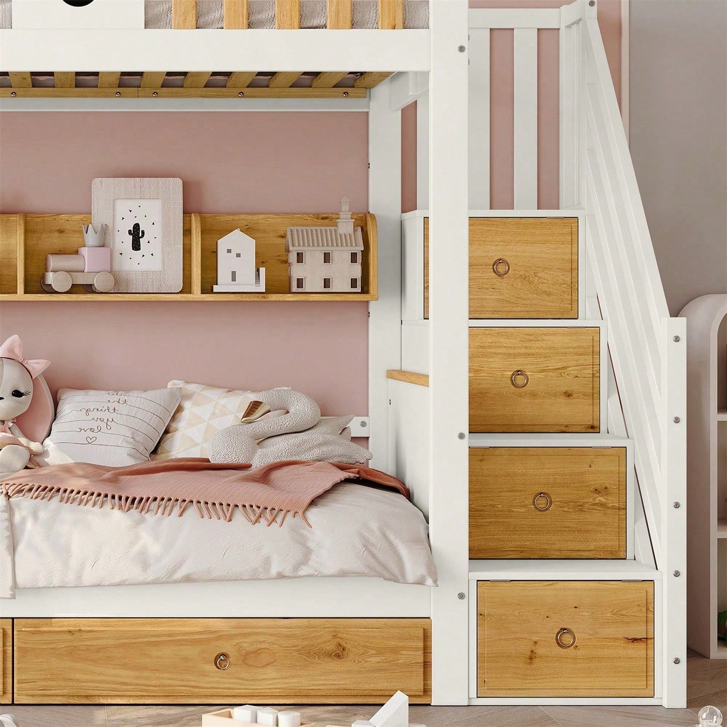 Etagenbett, Reichlich Stauraum, Rahmen aus Kiefernholz und MDF, Kinderbett mit 4 Schließfächer in der Treppe, mit Fallschutzgitter und 2 Schubladen, Offenes Regal, Weiß+Natur, 90x200cm
