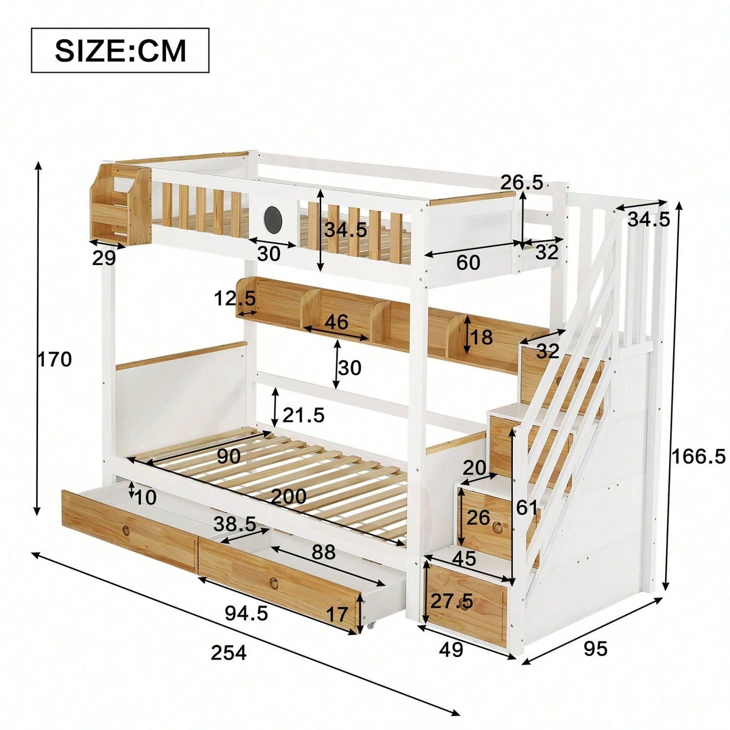 Etagenbett, Reichlich Stauraum, Rahmen aus Kiefernholz und MDF, Kinderbett mit 4 Schließfächer in der Treppe, mit Fallschutzgitter und 2 Schubladen, Offenes Regal, Weiß+Natur, 90x200cm