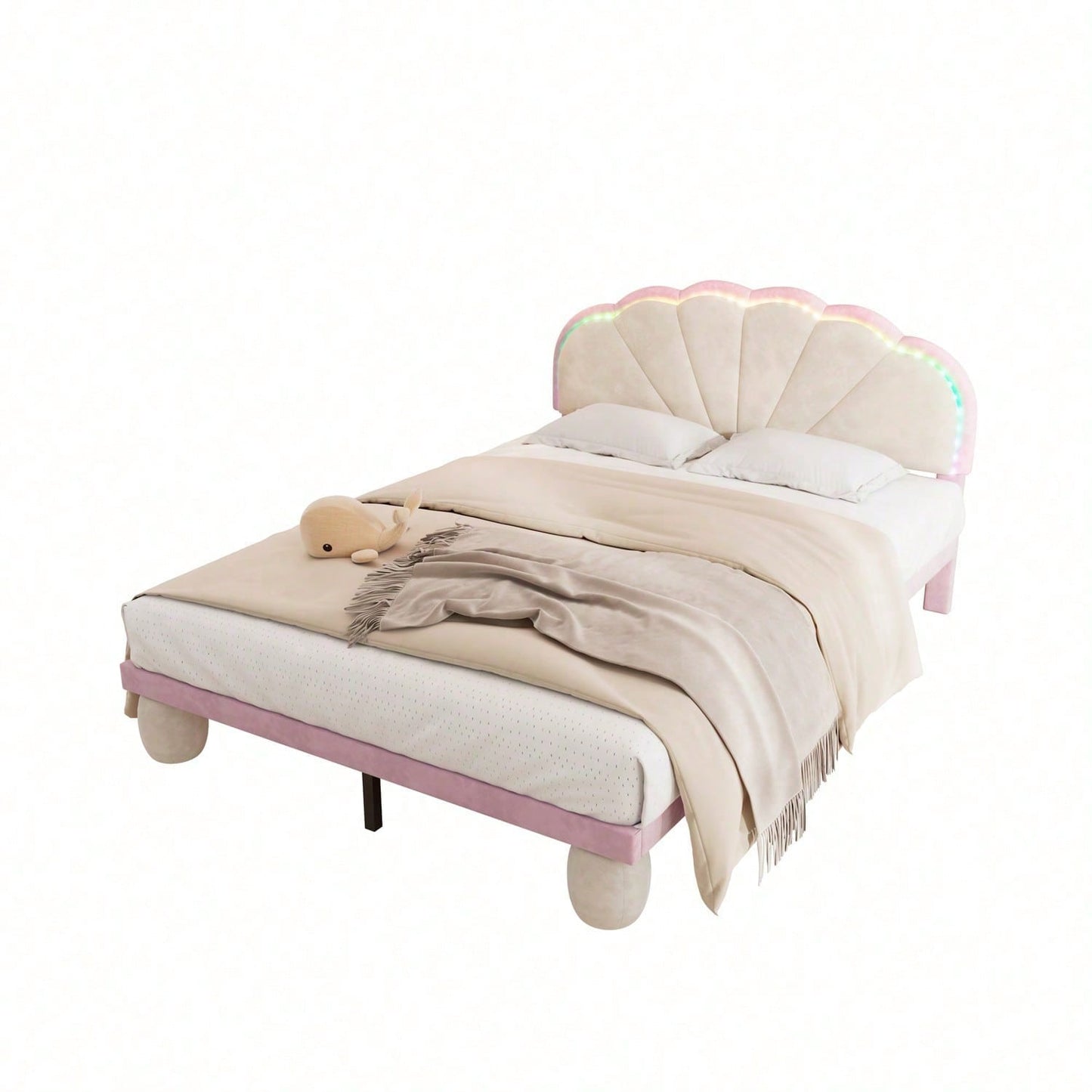 Polsterbett mit mehrfarbigen, wechselnden Lichtstreifen, Kopfteil mit Wellenschliff, mit gepolsterter runden Beine, Kinderbett, Jugendbett mit Holzlatten, Doppelbett, Samt, Beige+Rosa, 140x200cm
