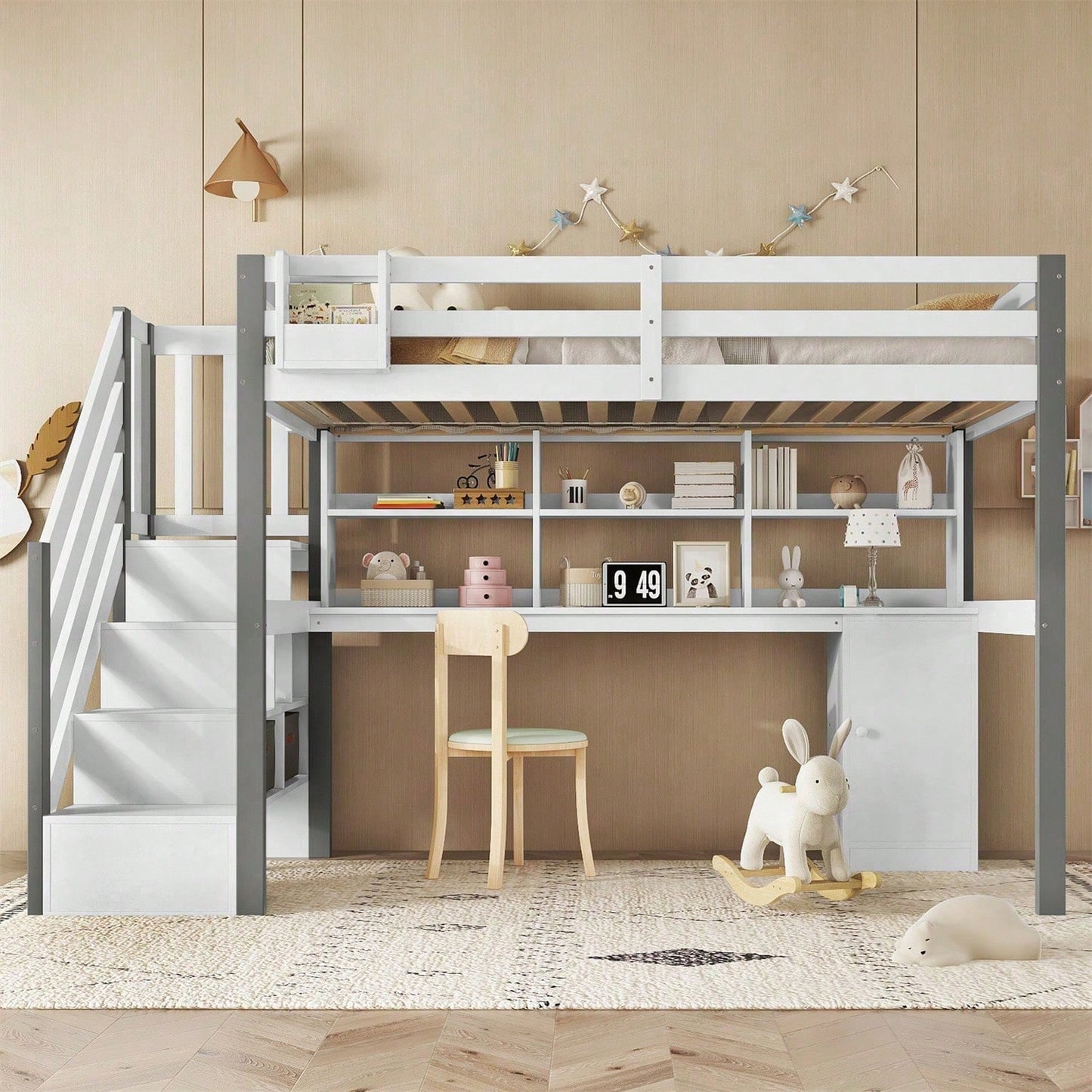 Halbhohes Bett, Mit Stoff-Aufbewahrungsbox, Reichlich Stauraum, Mit seitlicher Leiter, Offenes Regal, Jugendbett mit Schreibtisch und Schließfächern, Kiefer+MDF, Weiß+Grau, 90x200cm