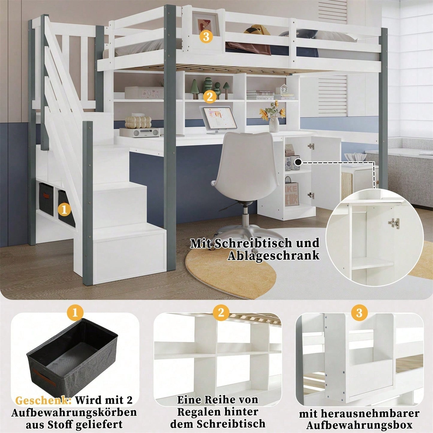 Halbhohes Bett, Mit Stoff-Aufbewahrungsbox, Reichlich Stauraum, Mit seitlicher Leiter, Offenes Regal, Jugendbett mit Schreibtisch und Schließfächern, Kiefer+MDF, Weiß+Grau, 90x200cm