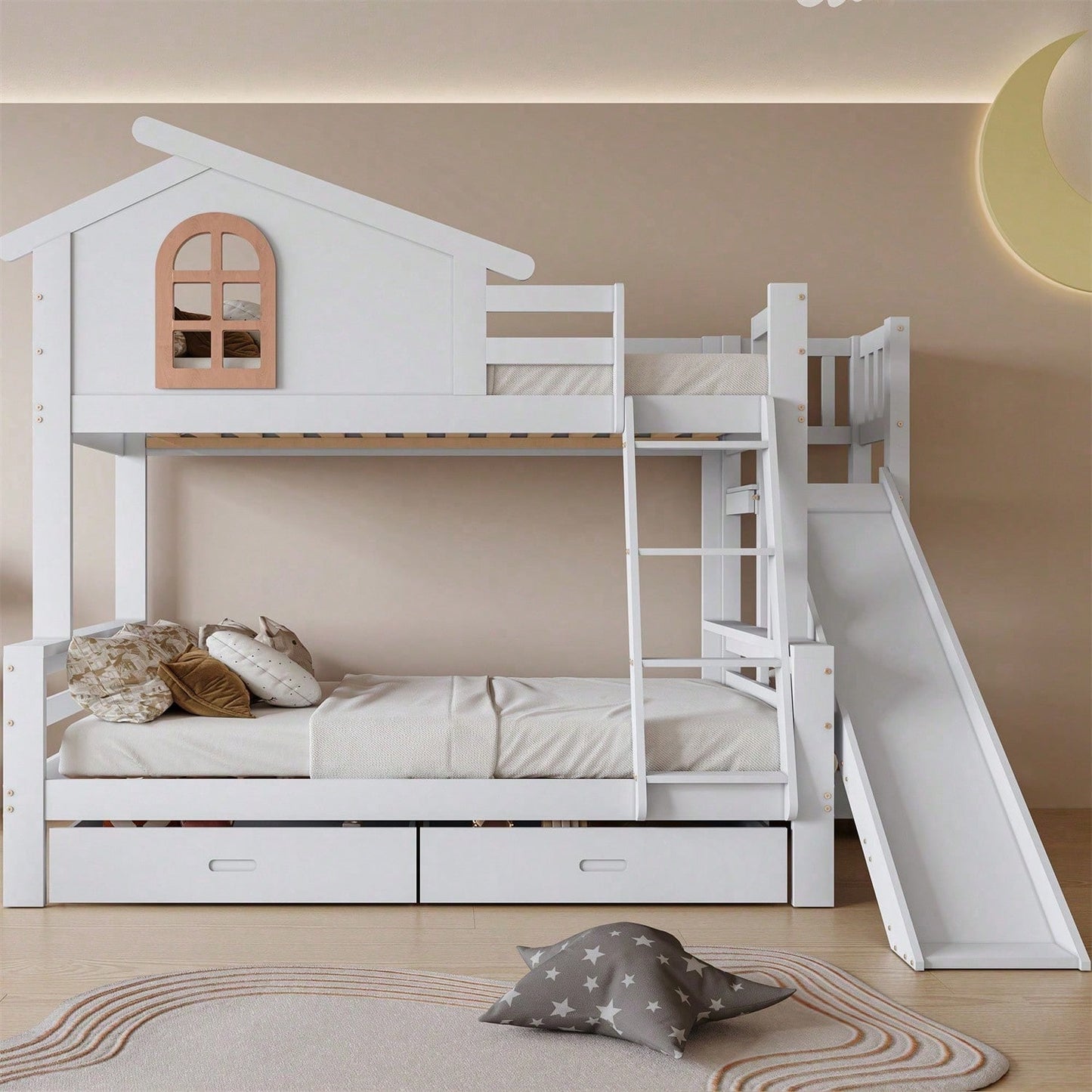 Etagenbett mit charakteristischen Fenstern und vierstufiger Kipptreppe, Kinder und Mutterbett mit mit Rutsche, mit zwei Schubladen, Bettrahmen aus Massivholz, Weiß, 90x200 & 120x200cm