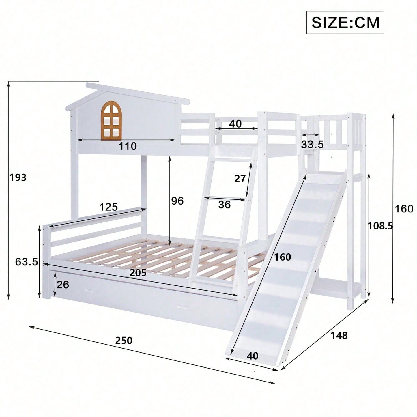 Etagenbett mit charakteristischen Fenstern und vierstufiger Kipptreppe, Kinder und Mutterbett mit mit Rutsche, mit zwei Schubladen, Bettrahmen aus Massivholz, Weiß, 90x200 & 120x200cm