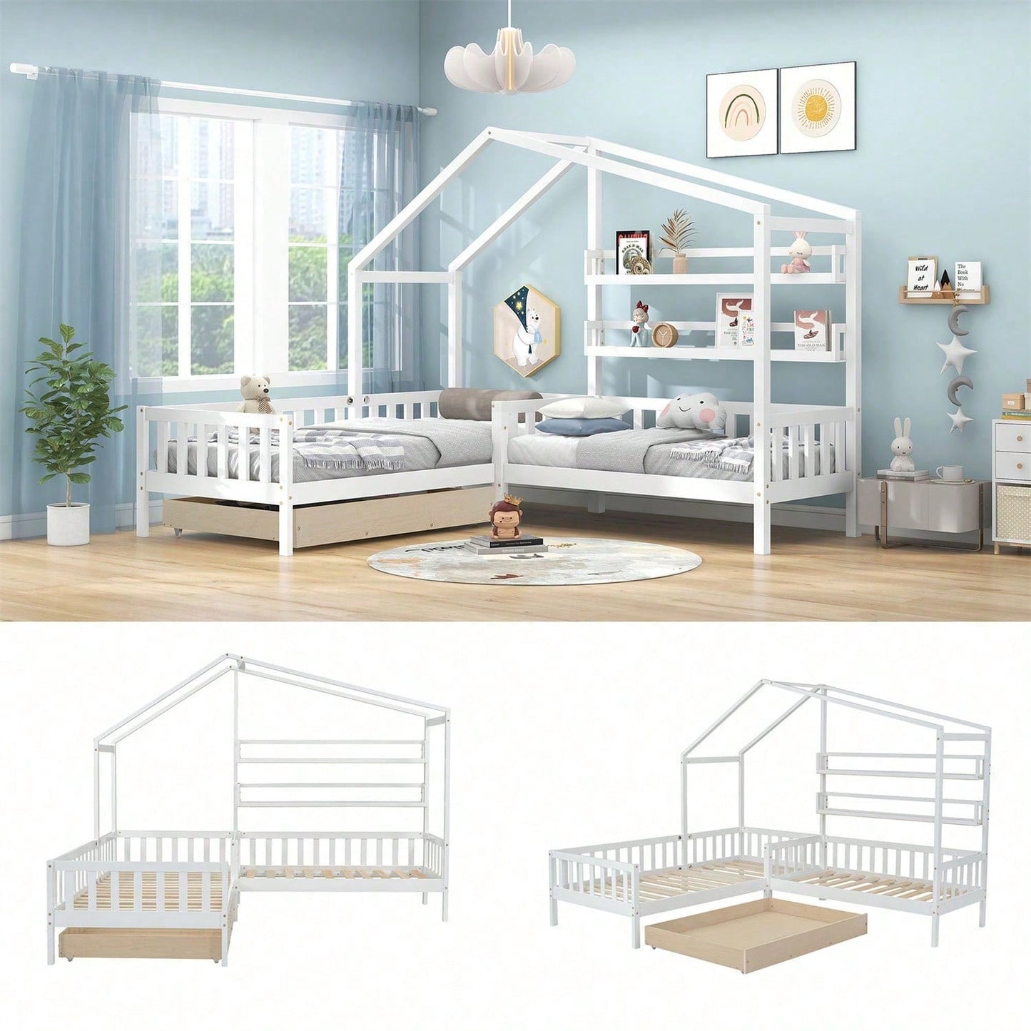Kinderbett Hausbett mit Schubladen und Regalen, Massivholz mit Zaun und Lattenrost, L-Struktur, Weiß (90x200 cm+140x70cm)
