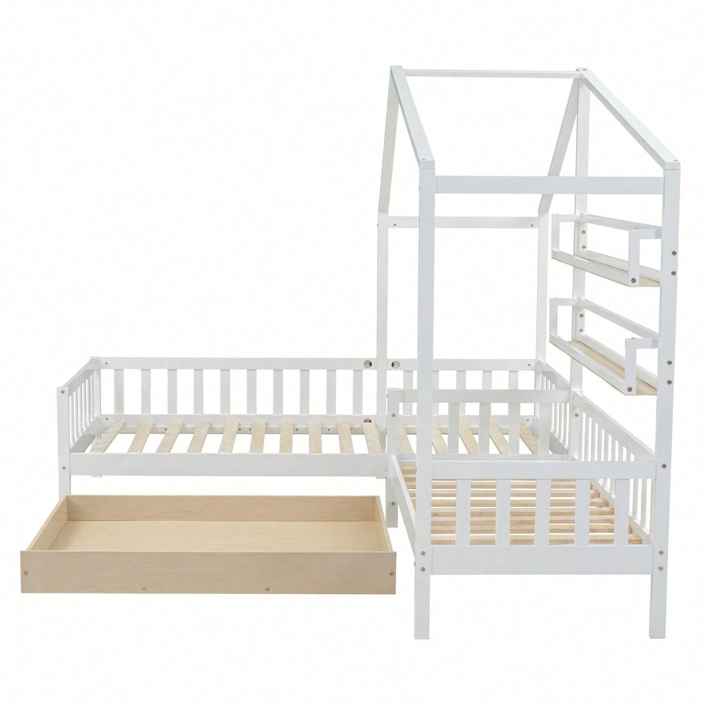 Kinderbett Hausbett mit Schubladen und Regalen, Massivholz mit Zaun und Lattenrost, L-Struktur, Weiß (90x200 cm+140x70cm)