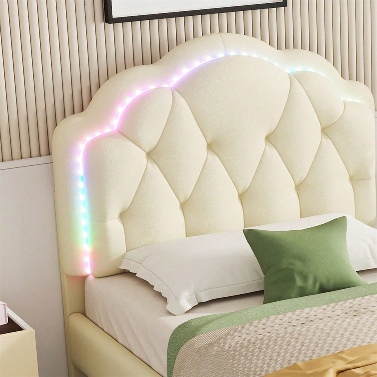Polsterbett, Wellenförmiges Kopfteil mit Zugpunktleiste, mit mehrfarbigen, wechselnden LED-Streifen, Kinderbett mit Holzlatten, Einzelbett, PU, Weiß, 90x200cm