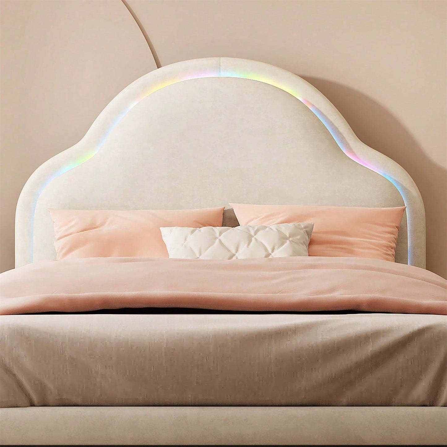 Polsterbett mit Kopfteil in Wolkenform, mit mehrfarbigen, wechselnden LED-Streifen, Kinderbett mit Holzlatten, Einzelbett, Samt, Beige, 90x200cm