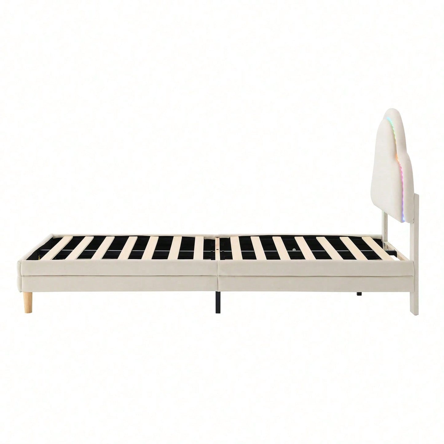 Polsterbett mit Kopfteil in Wolkenform, mit mehrfarbigen, wechselnden LED-Streifen, Kinderbett mit Holzlatten, Einzelbett, Samt, Beige, 90x200cm