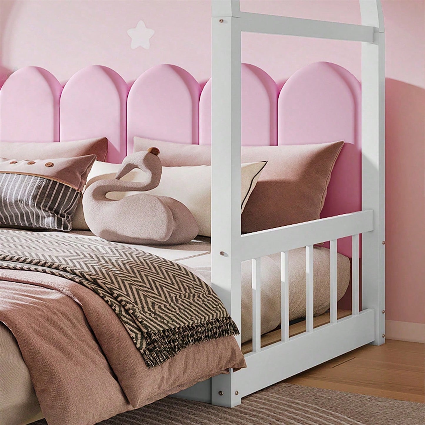 Erweiterbares Gewölbtes Dachbett, Schiebebett, Kinderbett, Tagesbett, Doppelbett, Samtkissen, Rahmen aus Kiefernholz, Weiß+Rosa (140x100cm&140x200cm)