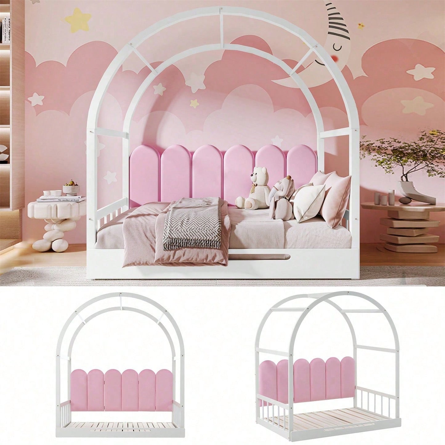 Erweiterbares Gewölbtes Dachbett, Schiebebett, Kinderbett, Tagesbett, Doppelbett, Samtkissen, Rahmen aus Kiefernholz, Weiß+Rosa (140x100cm&140x200cm)