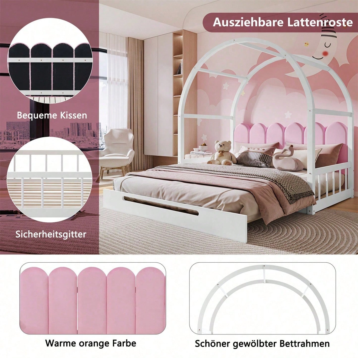Erweiterbares Gewölbtes Dachbett, Schiebebett, Kinderbett, Tagesbett, Doppelbett, Samtkissen, Rahmen aus Kiefernholz, Weiß+Rosa (140x100cm&140x200cm)