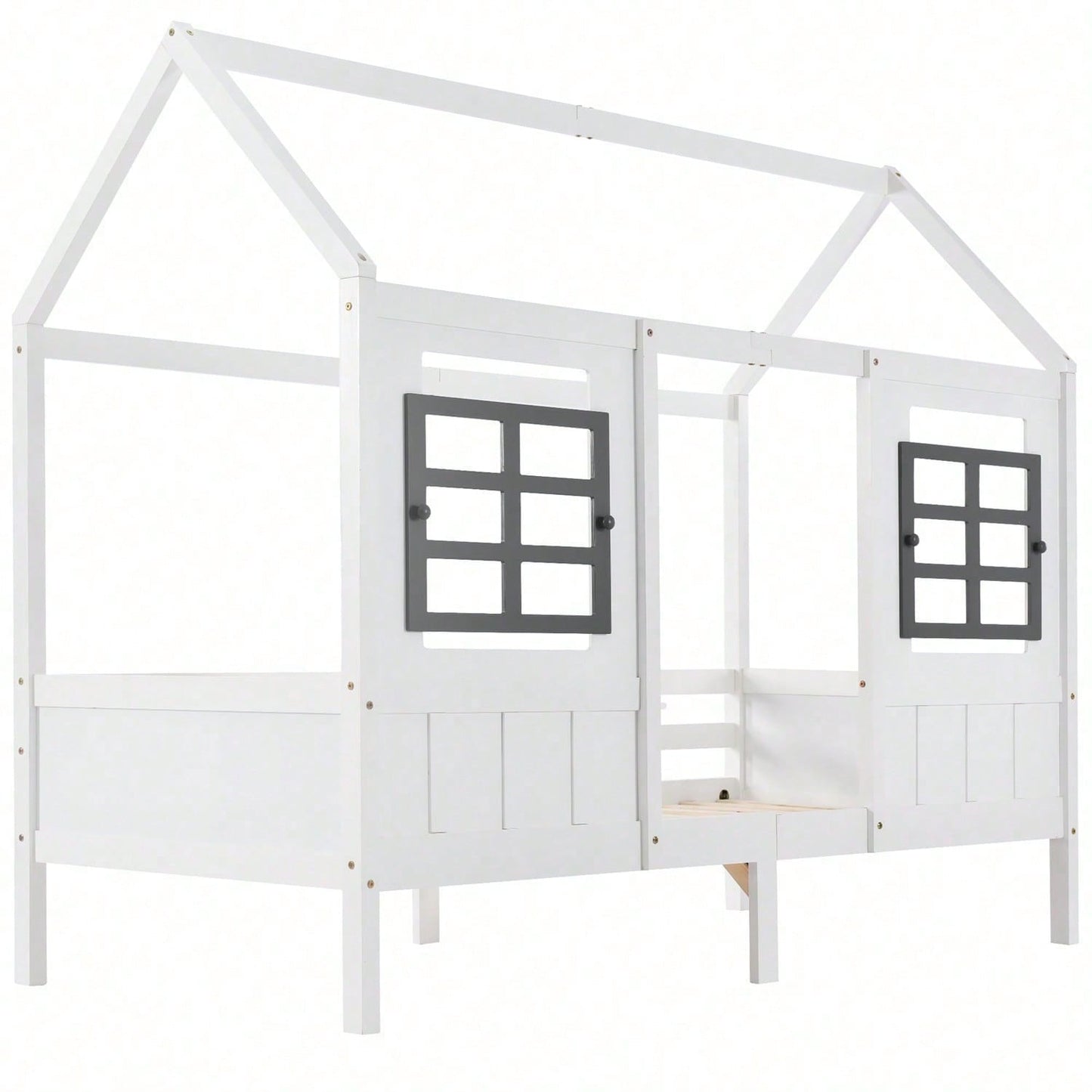 Hausbett, Einzelbett, Tagesbett, Kinderbett mit 2 Fenstern, Rahmen aus Kiefer, MDF, weiß (200x90cm)