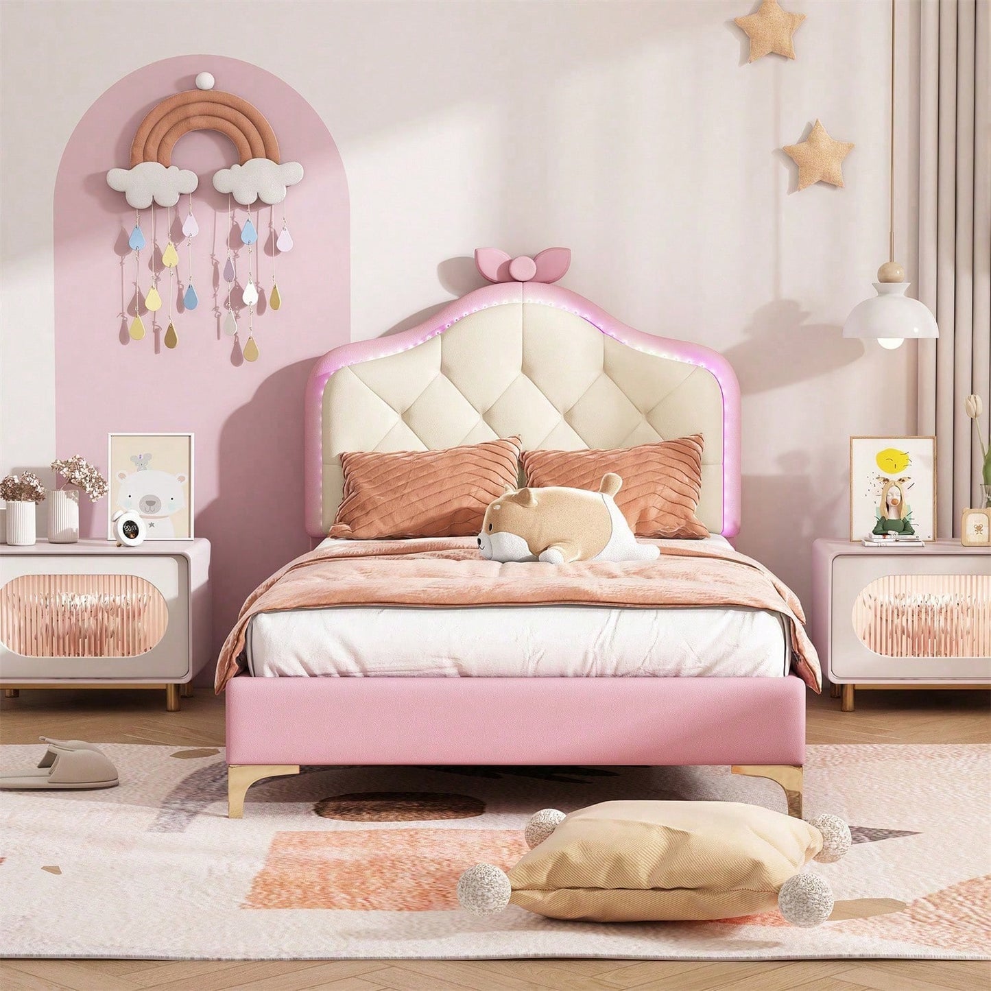 Polsterbett, Einzelbett, Wellenform mit Zugpunkt am Kopfende des Bettes, rosa Schleife, mit mehrfarbigen, wechselnden LED-Streifen, Kinderbett mit Holzlatten, Einzelbett, PU, rosa Bettrahmen, 90x200cm