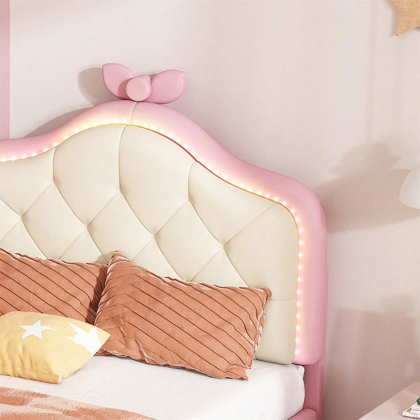 Polsterbett, Einzelbett, Wellenform mit Zugpunkt am Kopfende des Bettes, rosa Schleife, mit mehrfarbigen, wechselnden LED-Streifen, Kinderbett mit Holzlatten, Einzelbett, PU, rosa Bettrahmen, 90x200cm