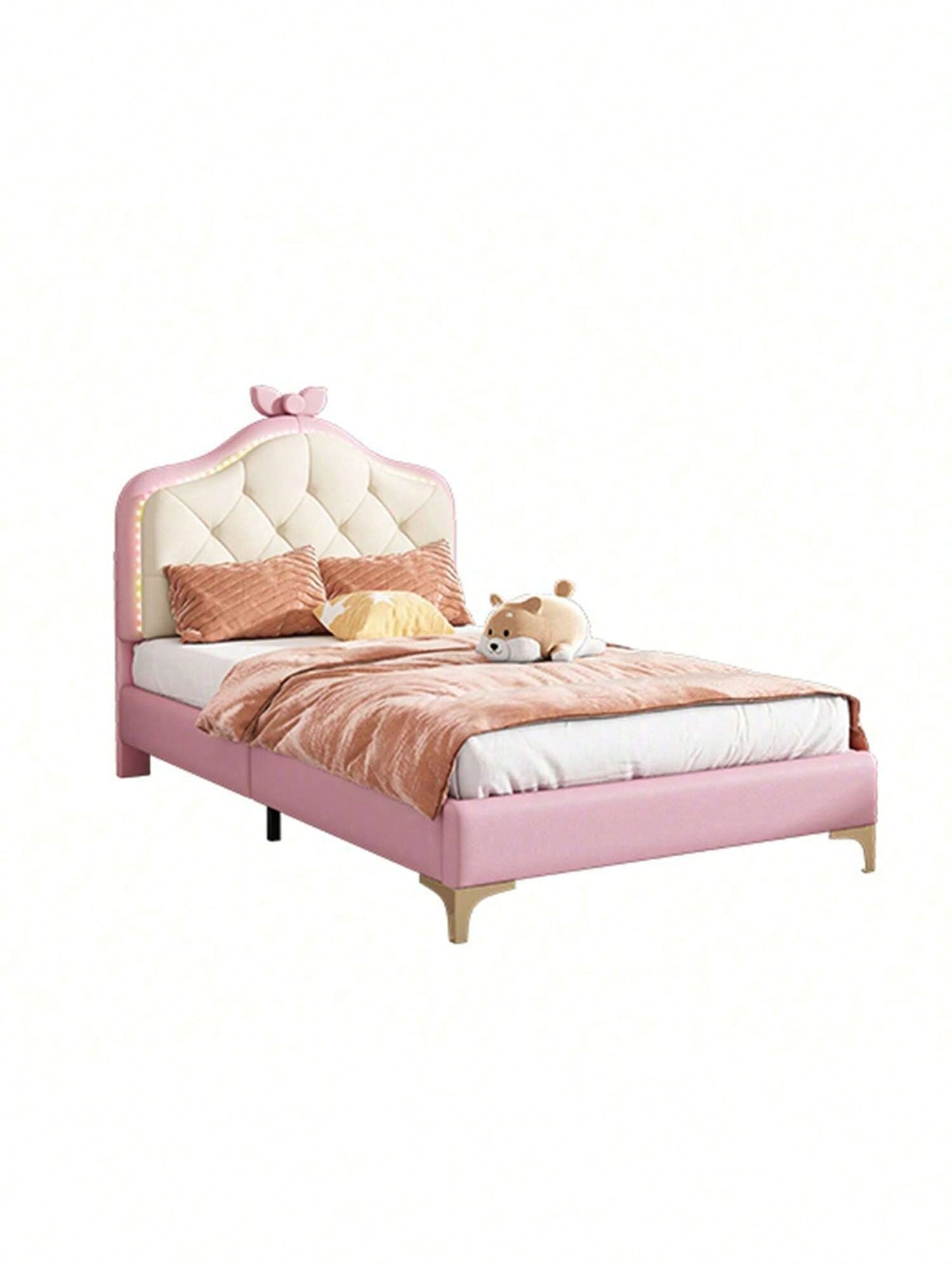 Polsterbett, Einzelbett, Wellenform mit Zugpunkt am Kopfende des Bettes, rosa Schleife, mit mehrfarbigen, wechselnden LED-Streifen, Kinderbett mit Holzlatten, Einzelbett, PU, rosa Bettrahmen, 90x200cm