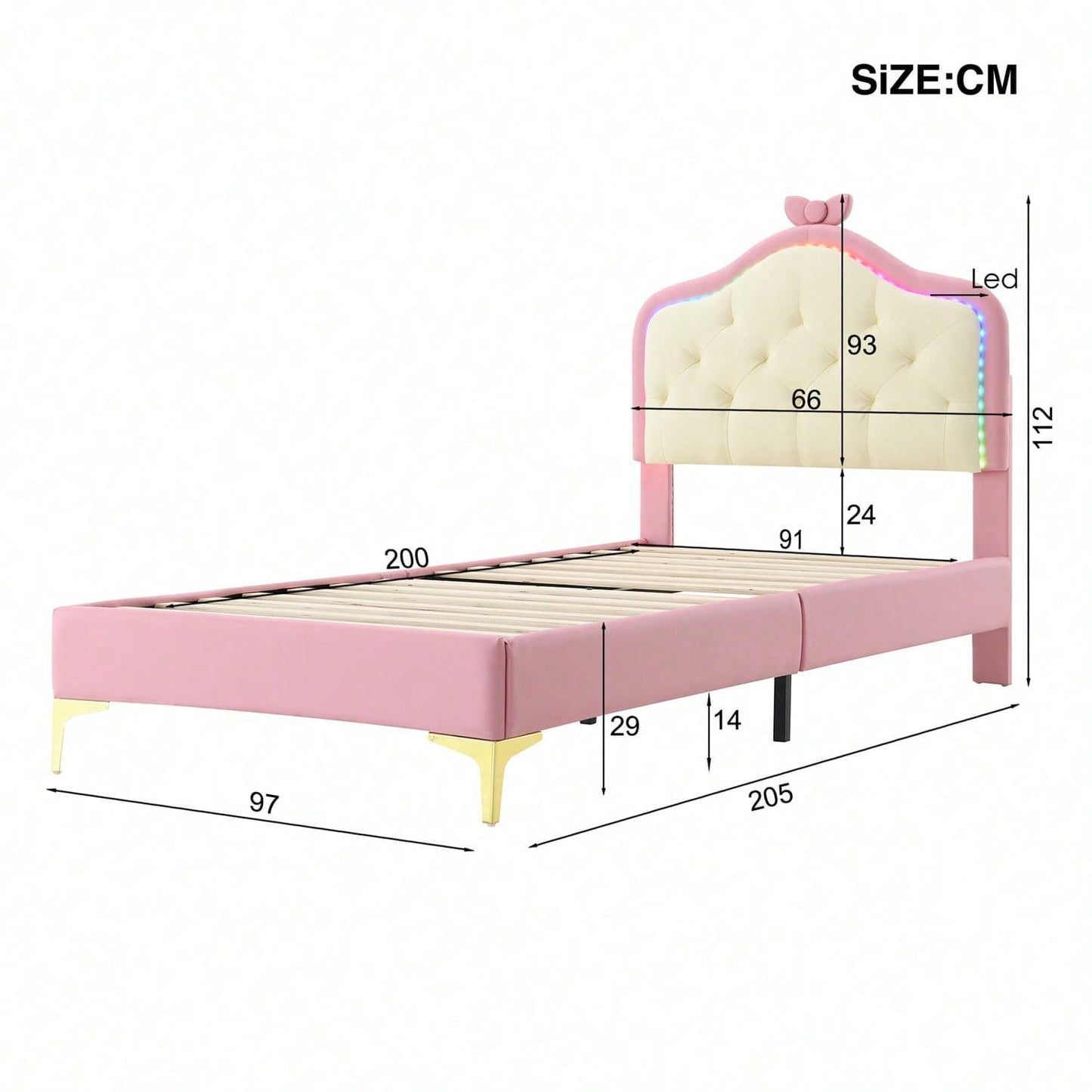 Polsterbett, Einzelbett, Wellenform mit Zugpunkt am Kopfende des Bettes, rosa Schleife, mit mehrfarbigen, wechselnden LED-Streifen, Kinderbett mit Holzlatten, Einzelbett, PU, rosa Bettrahmen, 90x200cm