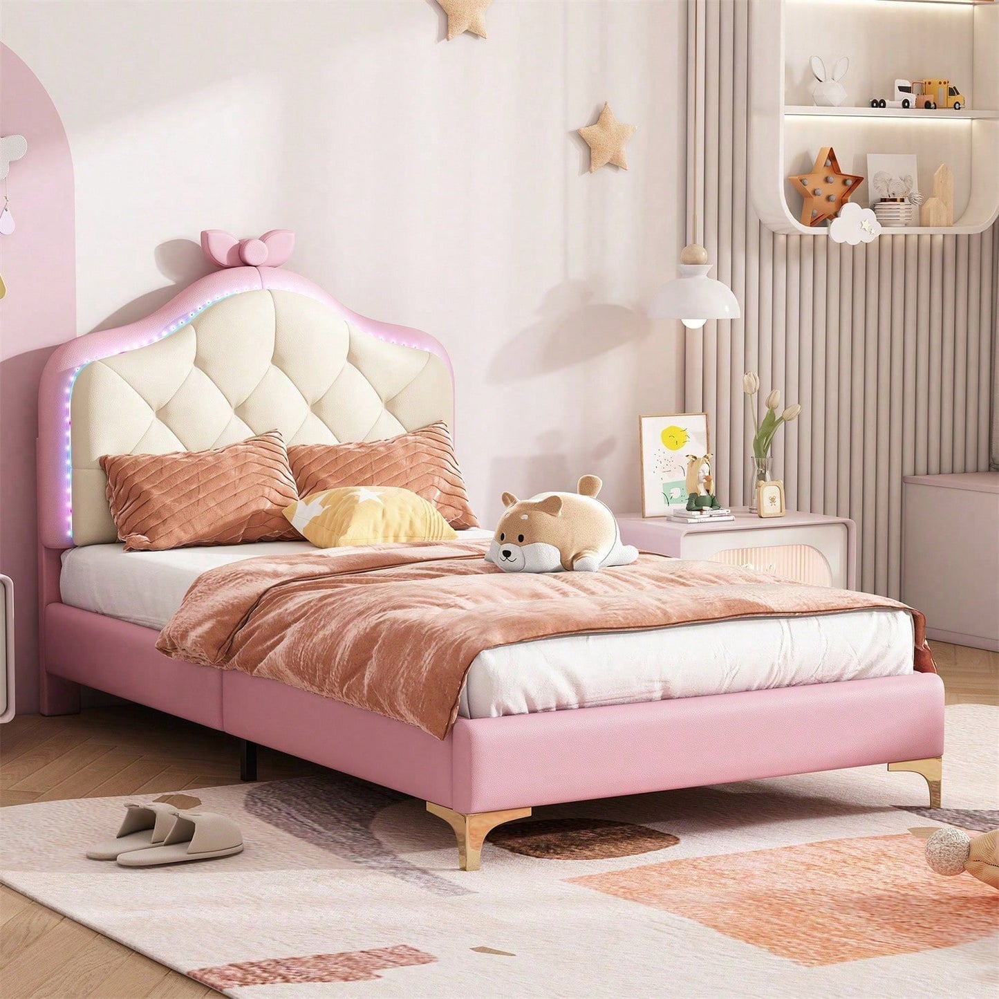 Polsterbett, Einzelbett, Wellenform mit Zugpunkt am Kopfende des Bettes, rosa Schleife, mit mehrfarbigen, wechselnden LED-Streifen, Kinderbett mit Holzlatten, Einzelbett, PU, rosa Bettrahmen, 90x200cm