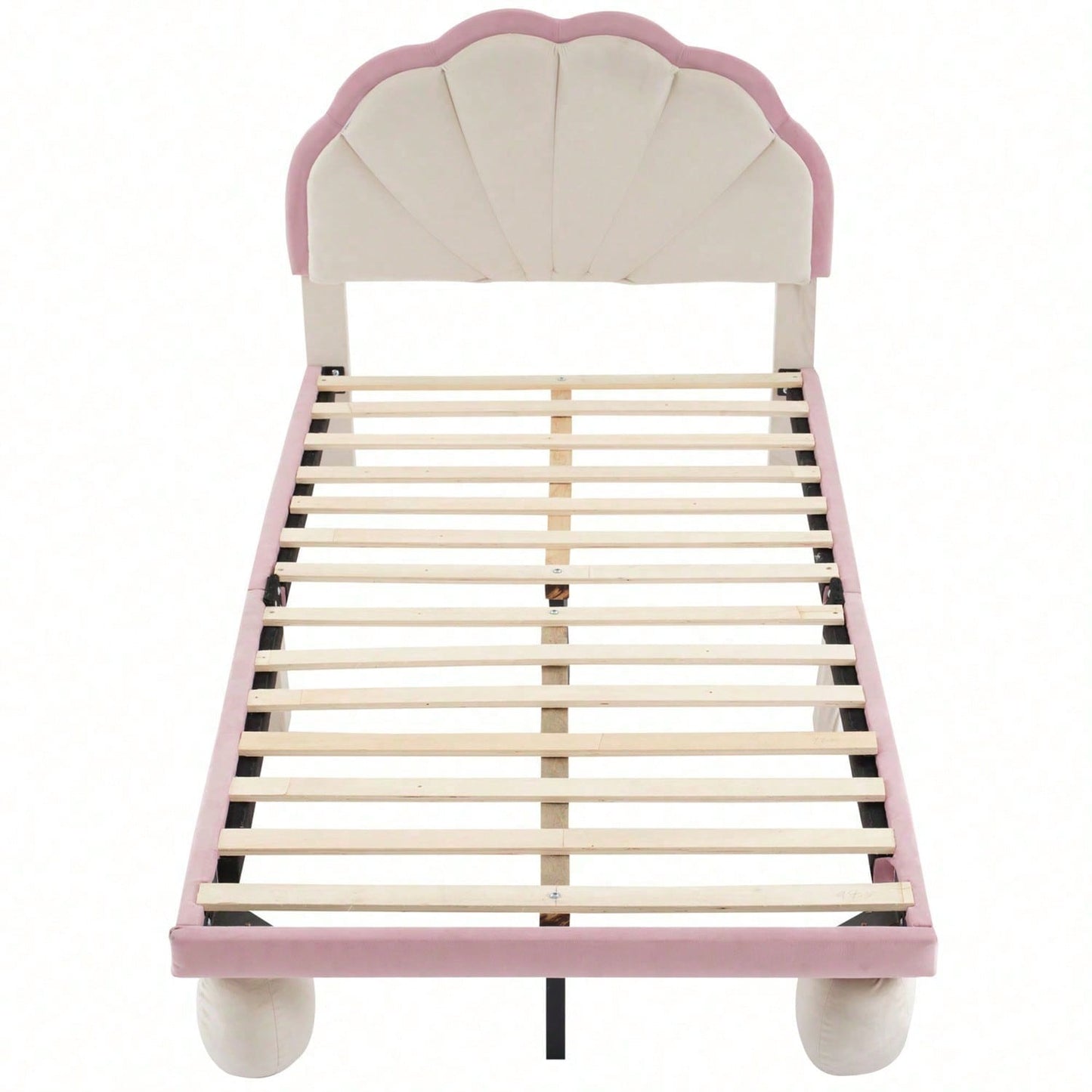 Polsterbett mit mehrfarbigen, wechselnden LED Lichtstreifen, Kopfteil mit Wellenschliff, mit gepolsterter runden Beine, Kinderbett mit Holzlatten, Einzelbett, Samt, Beige+Rosa, 90x200cm