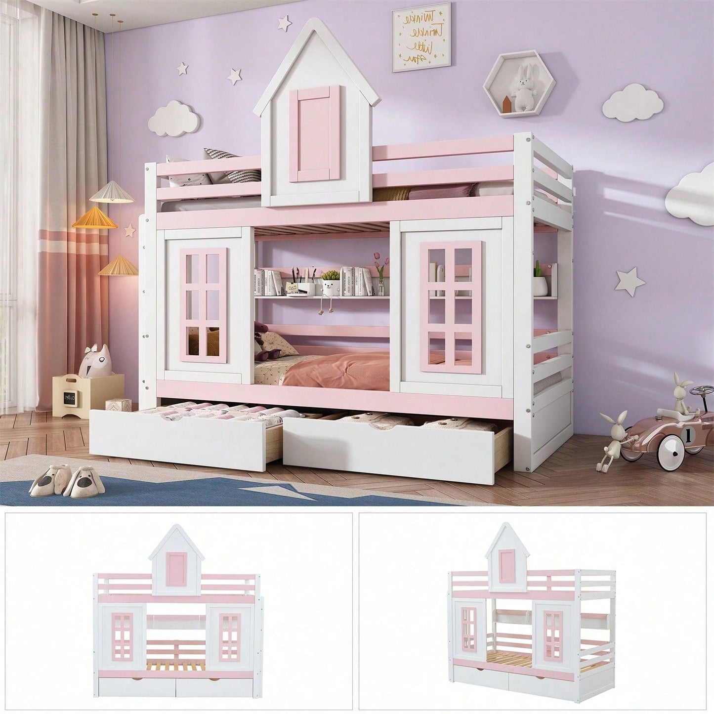 Etagenbett, Prinzessinnenbett, Kinderbett, Kinderbett mit Dach und Fenster, mit Fallschutzgitter, stabiles Geländer, Zwei Schubladen mit Rollen, Offenes Regal, Reichlich Stauraum, Kiefer+MDF,Weiß+Rose