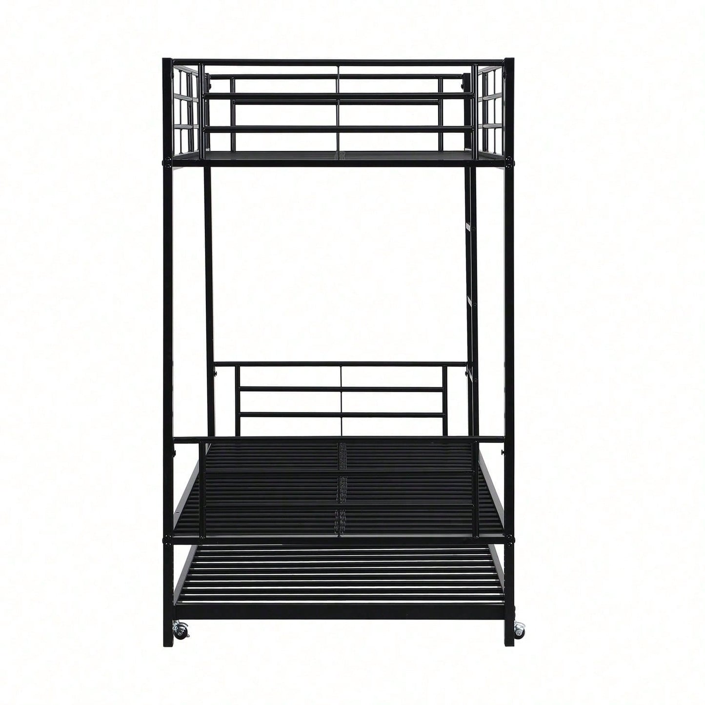 Eisenbett, Etagenbett, Geeignet für Kinder und Jugendliche, mit Ausziehbett, vier Seitengitter am oberen Bett, Eisen, Schwarz, 90x200cm&90x190cm
