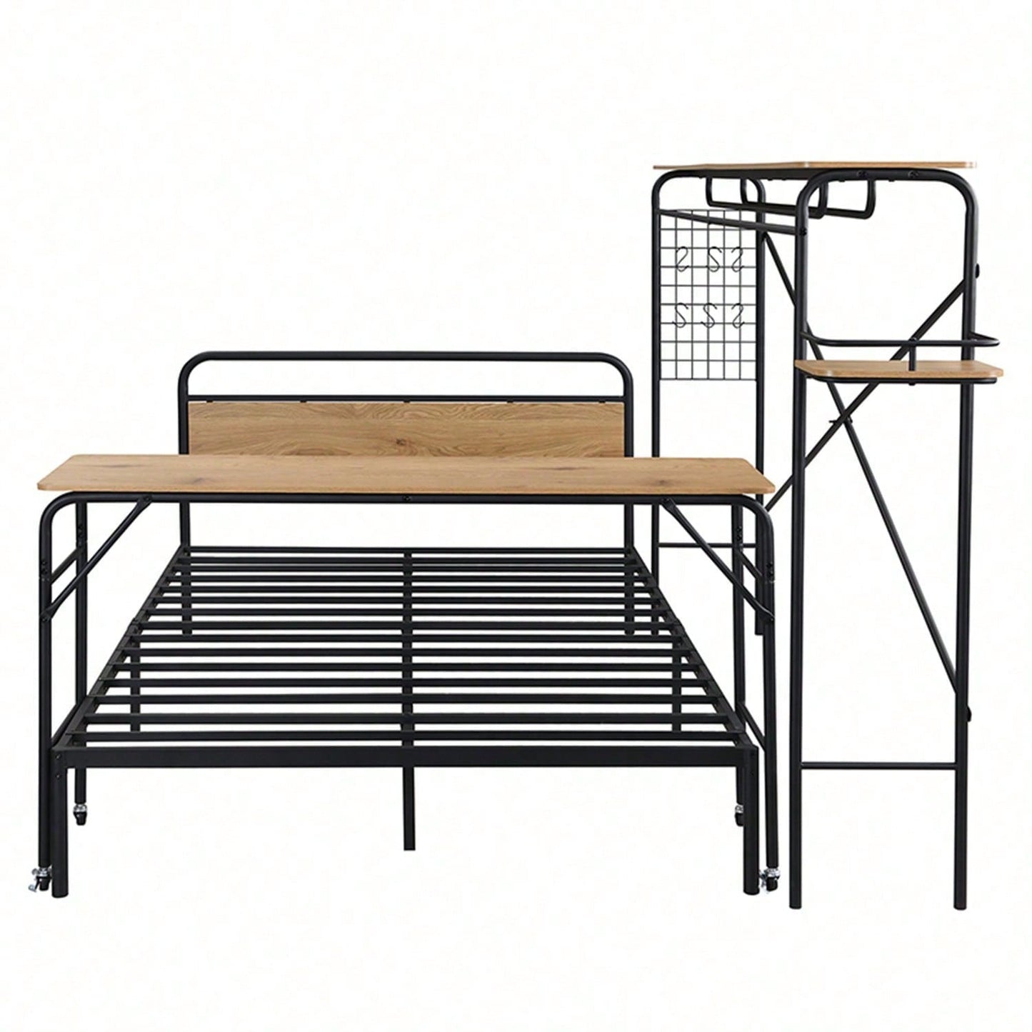 Metallbett, Flachbetten + Tisch + Vertikaler Garderobenständer, Tisch mit Rädern, Kompletter Satz Schlafzimmermöbel, Heranwachsende und Erwachsene, Metallrahmen, Metall+MDF, Schwarz + Natur, 140x200