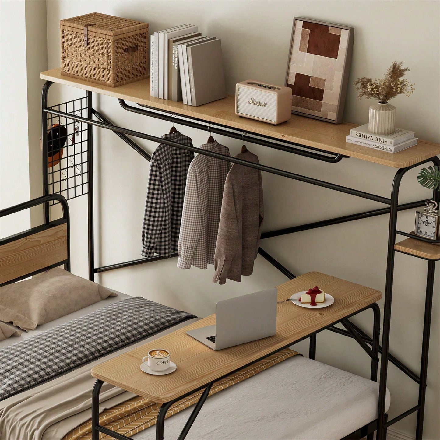 Metallbett, Flachbetten + Tisch + Vertikaler Garderobenständer, Tisch mit Rädern, Kompletter Satz Schlafzimmermöbel, Heranwachsende und Erwachsene, Metallrahmen, Metall+MDF, Schwarz + Natur, 140x200