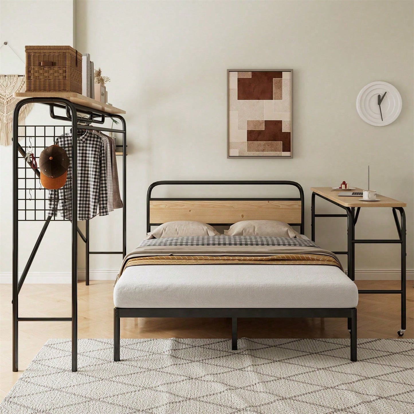 Metallbett, Flachbetten + Tisch + Vertikaler Garderobenständer, Tisch mit Rädern, Kompletter Satz Schlafzimmermöbel, Heranwachsende und Erwachsene, Metallrahmen, Metall+MDF, Schwarz + Natur, 140x200