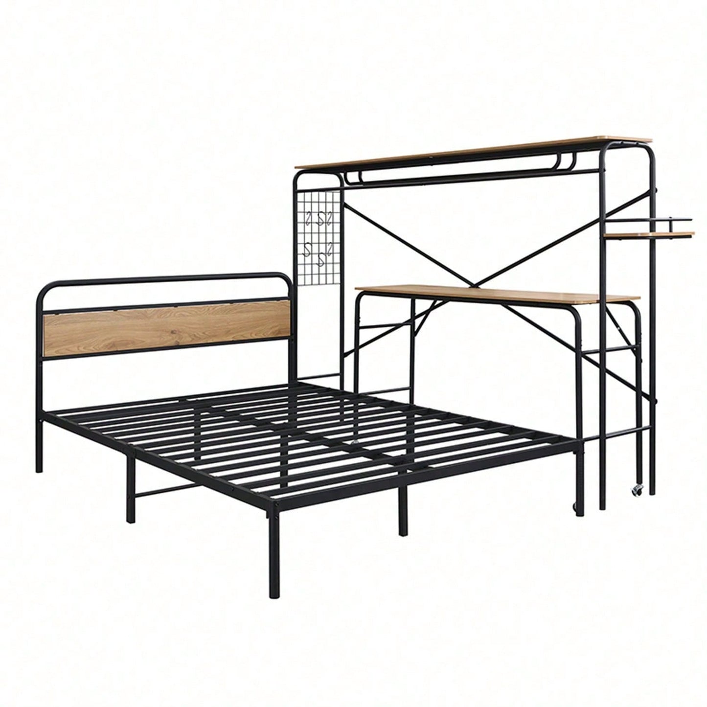 Metallbett, Flachbetten + Tisch + Vertikaler Garderobenständer, Tisch mit Rädern, Kompletter Satz Schlafzimmermöbel, Heranwachsende und Erwachsene, Metallrahmen, Metall+MDF, Schwarz + Natur, 140x200