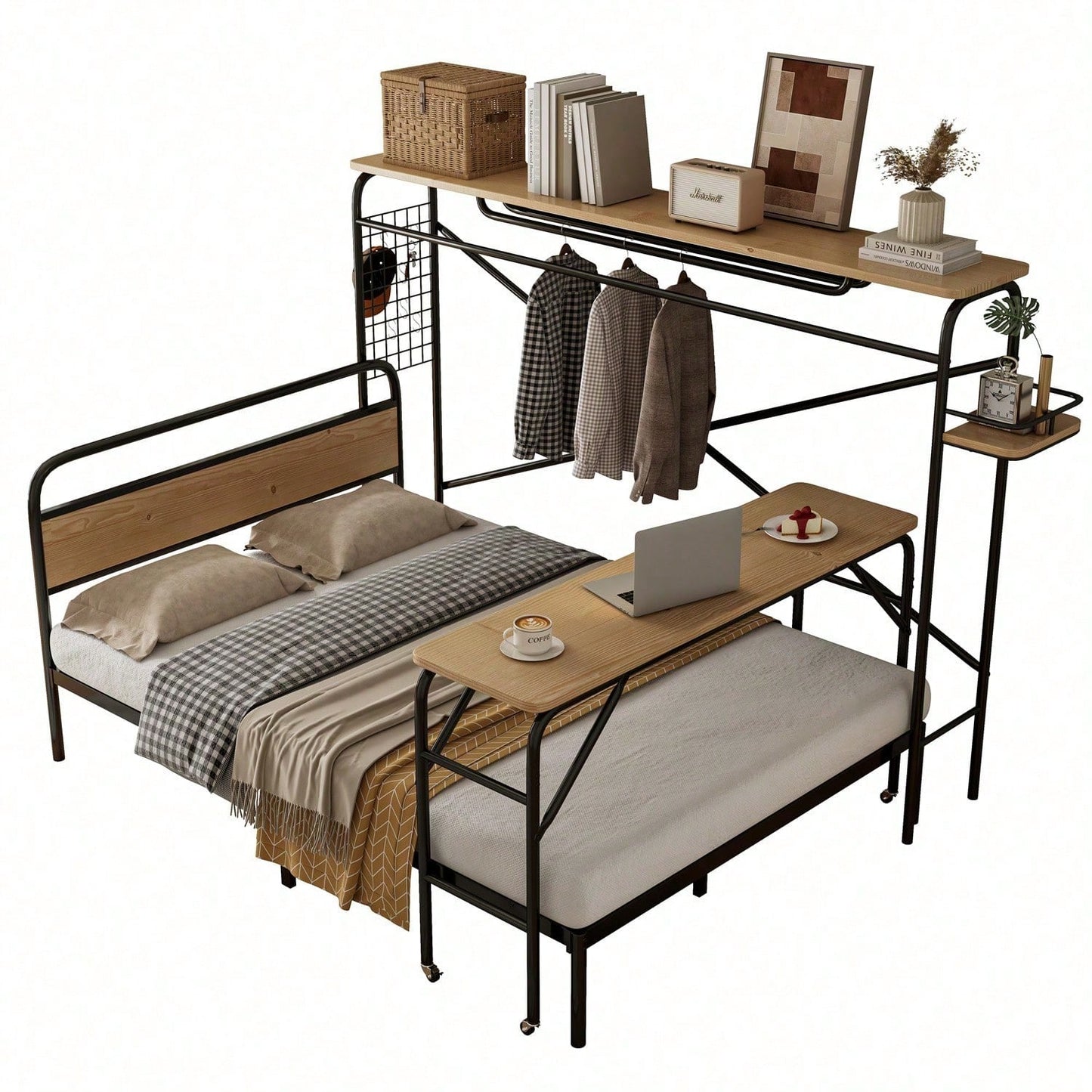 Metallbett, Flachbetten + Tisch + Vertikaler Garderobenständer, Tisch mit Rädern, Kompletter Satz Schlafzimmermöbel, Heranwachsende und Erwachsene, Metallrahmen, Metall+MDF, Schwarz + Natur, 140x200