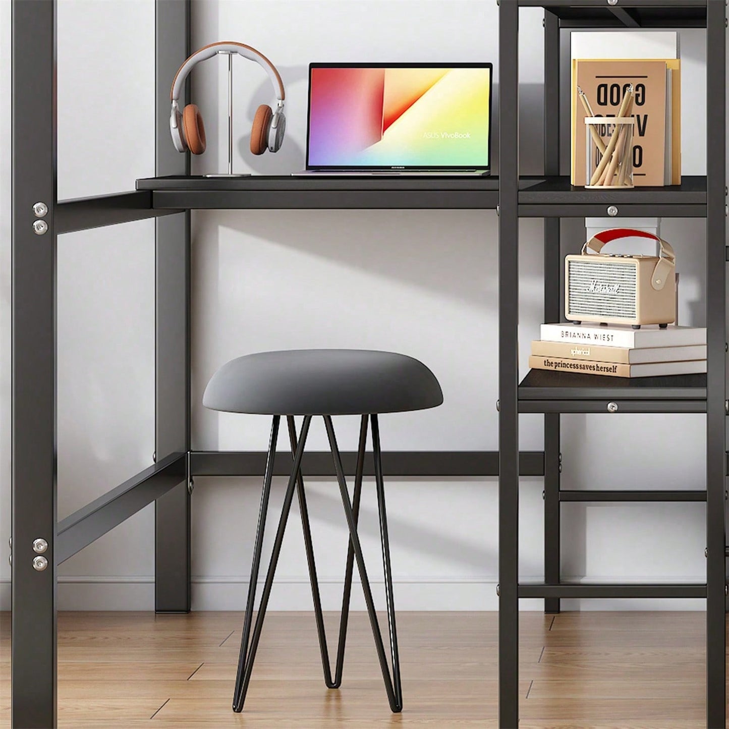 Eisenrahmenbett, Etagenbett mit Tisch und Regalen, Geeignet für Kinder und Jugendliche, mit fünfstufige rechtwinklige Leiter, vier Seitengitter am oberen Bett, Eisen + MDF, Schwarz, 90x200cm