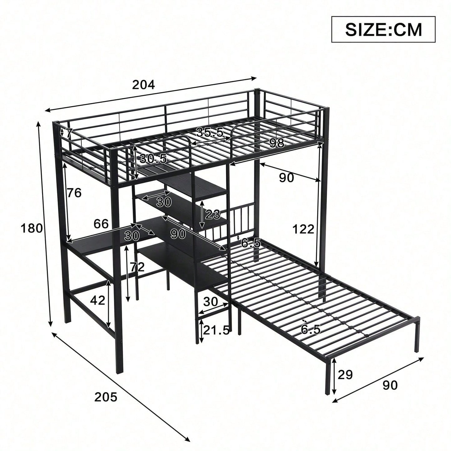 Eisenrahmenbett, Etagenbett mit Tisch und Regalen, Geeignet für Kinder und Jugendliche, mit fünfstufige rechtwinklige Leiter, vier Seitengitter am oberen Bett, Eisen + MDF, Schwarz, 90x200cm