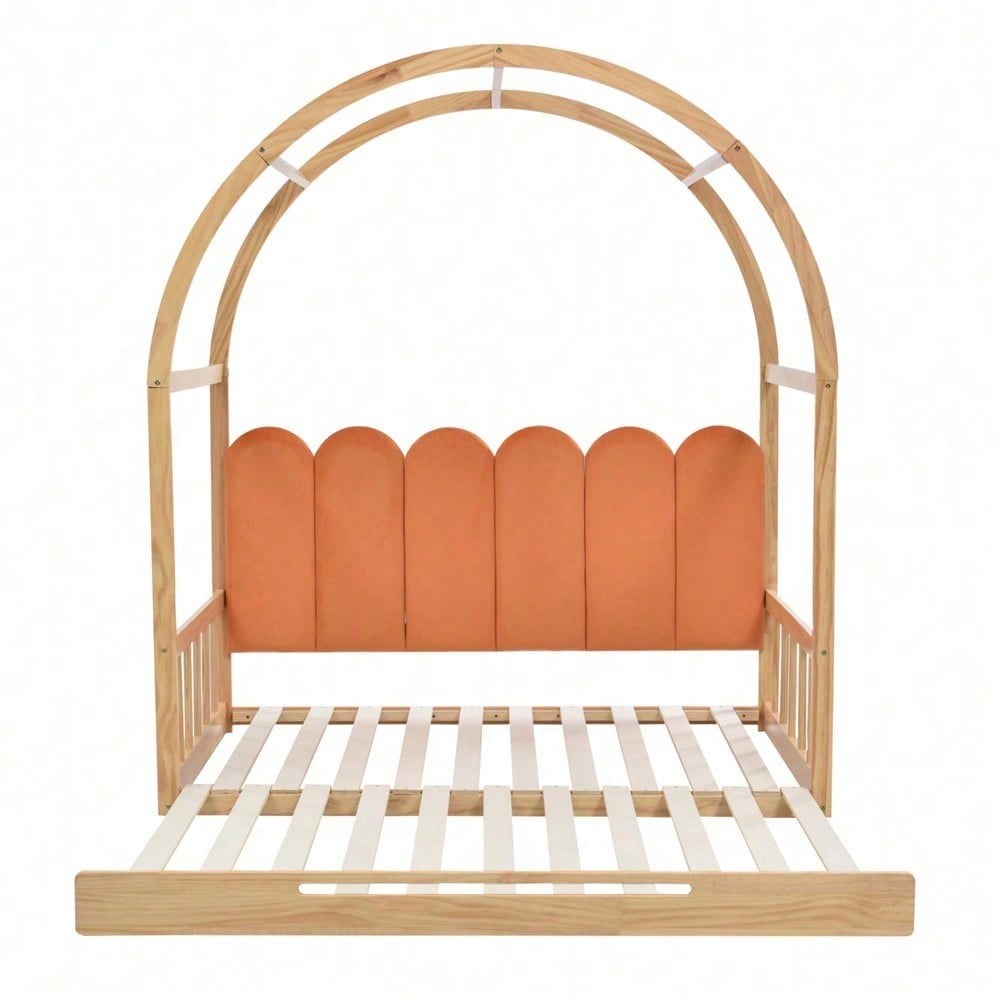 Erweiterbares Gewölbtes Dachbett, Schiebebett, Kinderbett, Tagesbett, Doppelbett, Samtkissen, Rahmen aus Kiefernholz, Natur und Orange (140x100cm&140x200cm)