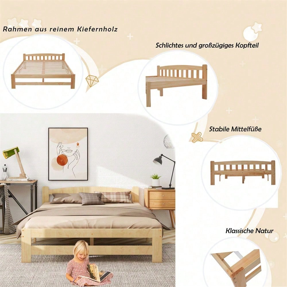 Solide Massivholzbett Futonbett, Doppelbett, Massivholz Natur Bett mit Kopfteil und Lattenroste, Jugendbett, Erwachsenenbett, Natur, 140x200 cm