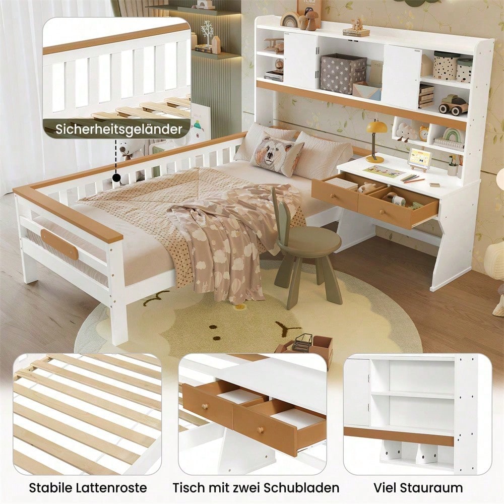 Kinderbett, mit Stauraumschrank, mit Tisch und Schubladen, Mit Schutzplatte und Lattenroste, L-Struktur, Weiß+Natur, Kiefer+MDF+Mehrschichtplatte, 90x200cm