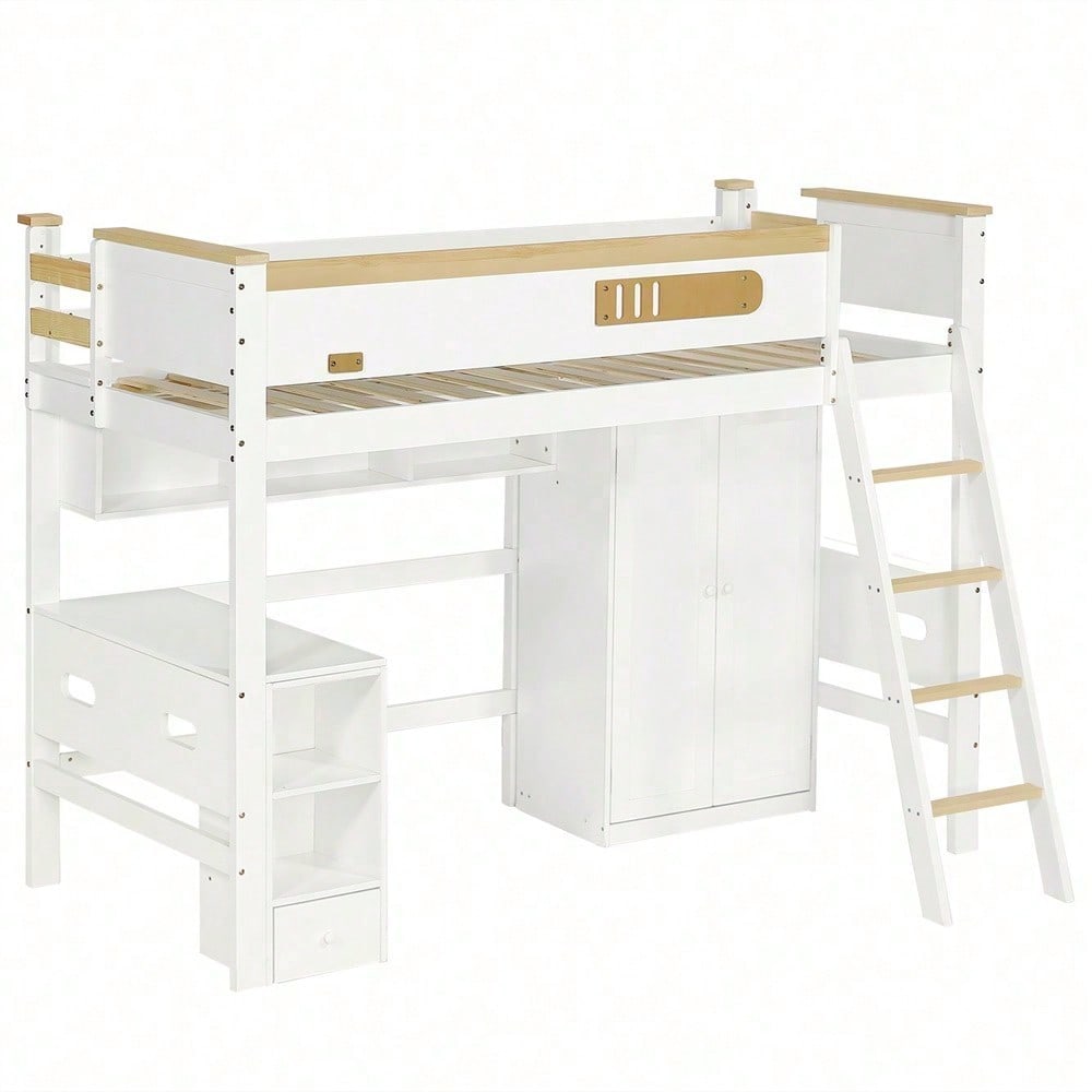 Etagenbett, Kinderbett, mit Fallschutzgitter, mit Tisch und Kleiderschrank, Offenes Regal, Reichlich Stauraum, Mit vierstufiger Leiter, Kiefer+MDF+Sperrholz, Weiß+Natur, 90x200cm