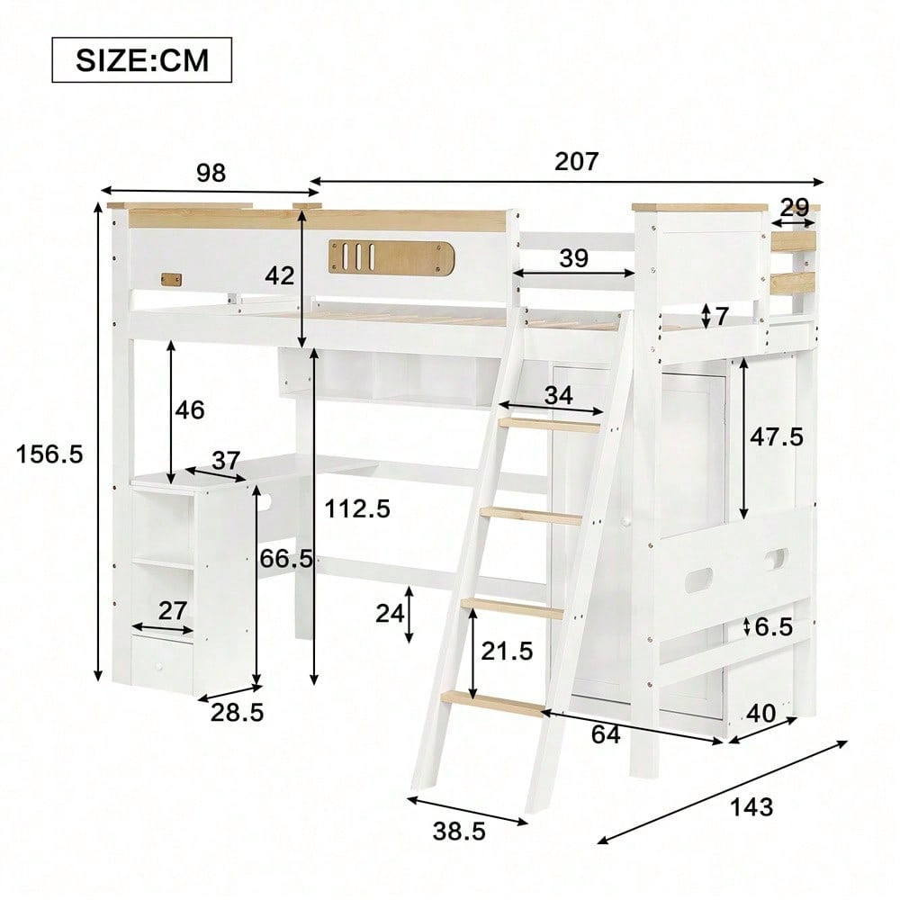Etagenbett, Kinderbett, mit Fallschutzgitter, mit Tisch und Kleiderschrank, Offenes Regal, Reichlich Stauraum, Mit vierstufiger Leiter, Kiefer+MDF+Sperrholz, Weiß+Natur, 90x200cm