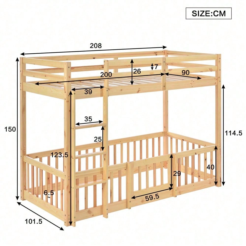 Etagenbett mit rechtwinkliger Treppe, Bett mit Zäune und Türchen, Kinderbett mit Fallschutz und Gitter, Massivholz, natur (200x90cm)