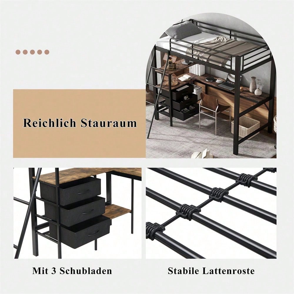 Eisenbett, Etagenbett, Geeignet für Kinder und Heranwachsende, Drei Schubladen, Mit 2m langer Tisch, Schräge Leiter mit vier Stufen, Eisen+Spanplatte, Schwarz+Dunkle Walnuss, 90x200cm