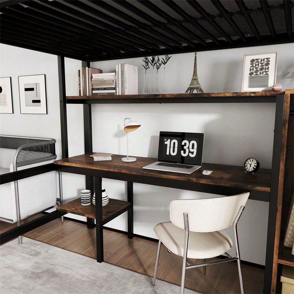 Eisenbett, Etagenbett, Geeignet für Kinder und Heranwachsende, Mit Tisch und Kleiderschrank, Reichlich Ablagefächer, Mit 4-stufiger Leiter, Eisen+Spanplatte, Schwarz, 90x200cm