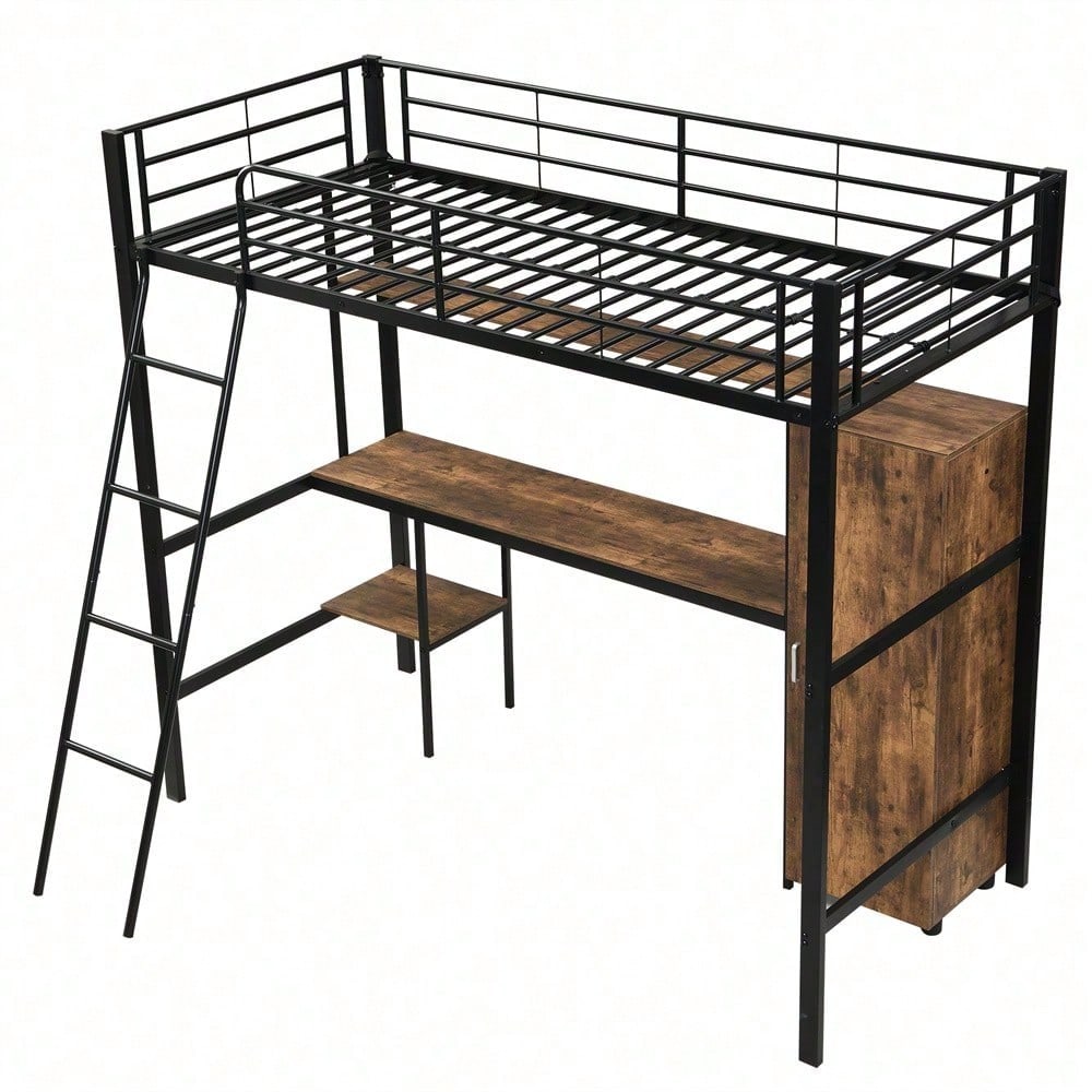 Eisenbett, Etagenbett, Geeignet für Kinder und Heranwachsende, Mit Tisch und Kleiderschrank, Reichlich Ablagefächer, Mit 4-stufiger Leiter, Eisen+Spanplatte, Schwarz, 90x200cm