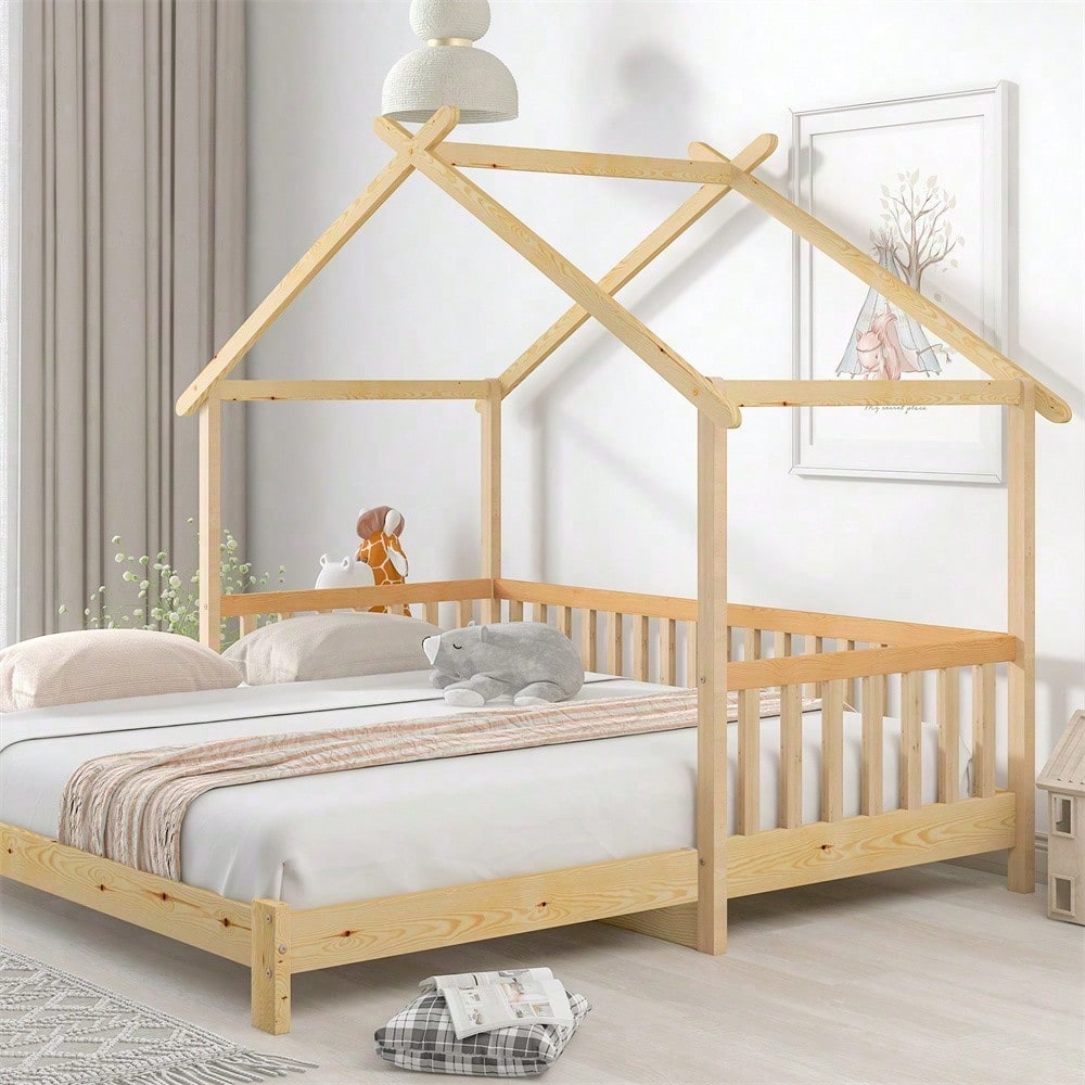 Erweiterbares Baumhausbett, Hausbett, Kinderbett, Tagesbett, Einzel- und Doppelbett, reines Massivholz, natur (200x90cm)