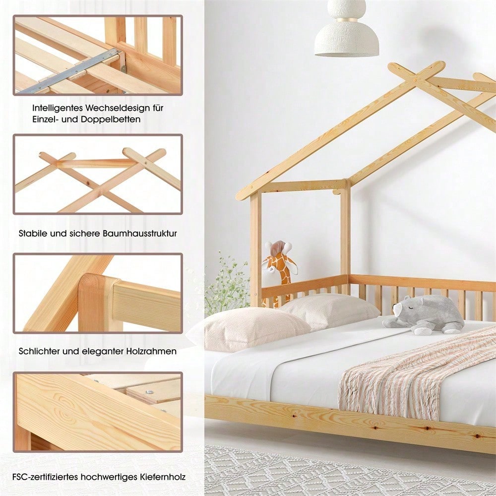 Erweiterbares Baumhausbett, Hausbett, Kinderbett, Tagesbett, Einzel- und Doppelbett, reines Massivholz, natur (200x90cm)